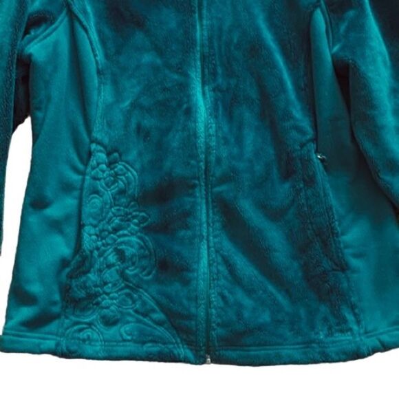 LL Bean Teal Green Fleece Full Zip Jacket Floral Front Pocket Size Medium - Picture 2 of 9